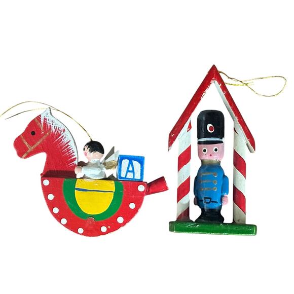 Vintage Hand Painted Angel on Rocking Horse 3" & Nutcracker 4" - Picture 2 of 2